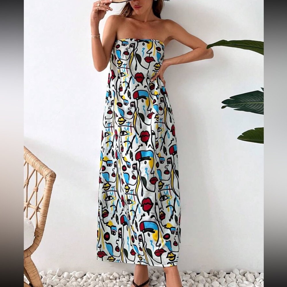 Classic Abstract Print Strapless Maxi Dress